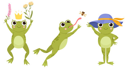 Cute frogs, cartoon funny froggy, green amphibians. Wildlife water froglet animals flat vector illustration on white backgroundのイラスト素材