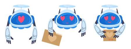 Valentines day love mail delivery drones. Cartoon romantic aerial drone, cute robots carrying love...