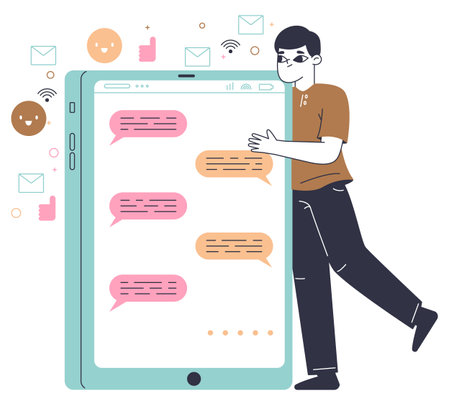 Guy addicted to smartphone, stuck to mobile phone screen. Social media, gadget addiction, man tablet or phone addiction linear flat vector illustration on white backgroundのイラスト素材