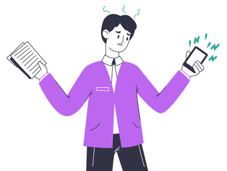 Flat stressed deadline businessman. Chaotic, overload anxiety office worker, bad time management flat vector illustration on white backgroundのイラスト素材