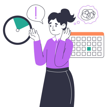 Deadline anxiety female person. Overloaded office business character, stressed chaotic office workflow flat vector illustration on white backgroundのイラスト素材