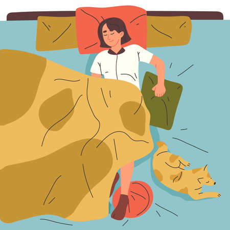 Sleeping woman in bed. Cartoon resting with cute dog female character, bedtime scene flat vector illustration on white backgroundのイラスト素材
