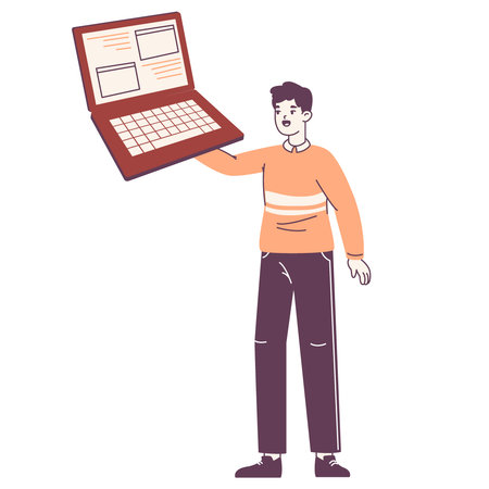 Programmer, IT engineer holding huge laptop. Professional coder, tiny office worker carrying big computer flat vector illustration on white backgroundのイラスト素材