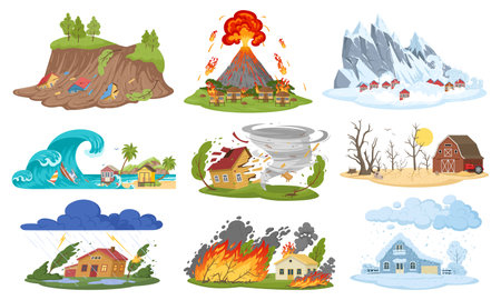 Cartoon natural disaster, hurricane, flooding and forest fire. Earthquake, drought and blizzard, environment damage cataclysm flat vector illustration set. natural catastrophe collectionのイラスト素材