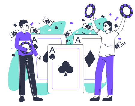 Gambling lucky winners. Poker card game happy players, people win casino games, money prize winning flat vector illustration on white backgroundのイラスト素材