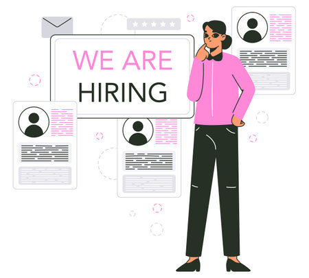 We are hiring, job hiring process. Headhunting agency recruitment, hr specialist and job seekers resume flat vector illustration on white backgroundのイラスト素材