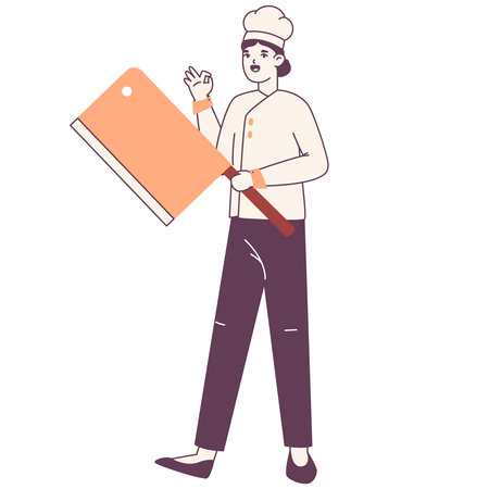 Female meat chef holding huge knife. Restaurant kitchen worker, roast chef, woman rotisseur wearing professional uniform flat vector illustration on white backgroundのイラスト素材