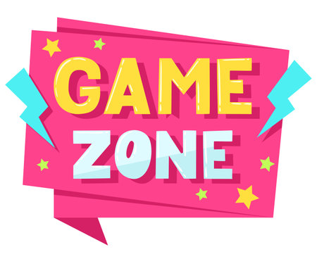 Cartoon children play zone sticker. Baby playroom, game zone badge, kids entertainment party club flat vector illustration on white backgroundのイラスト素材