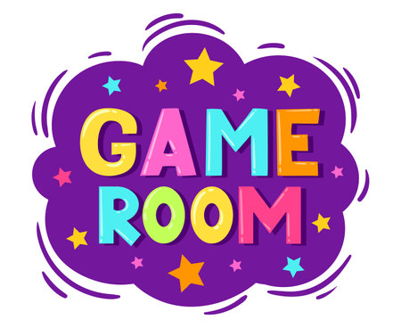 Cartoon kids game zone sticker. Children playroom, kids entertainment party club and game zone badge flat vector illustration on white backgroundのイラスト素材