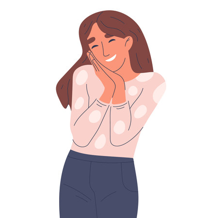 woman with tender emotion. Cute girl showing tenderness emotions, smiling female character positive body language flat vector illustration on white backgroundのイラスト素材