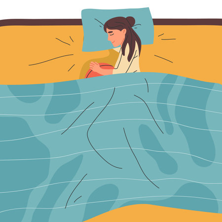 Cartoon woman sleeping in bed. Young resting female character, bedtime cozy scene flat vector illustration isolated on white backgroundのイラスト素材