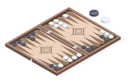 Isometric backgammon board game. Leisure table gaming, recreation backgammon game, Turkish, Lebanese, Arabic game 3d vector illustration isolated on white backgroundのイラスト素材