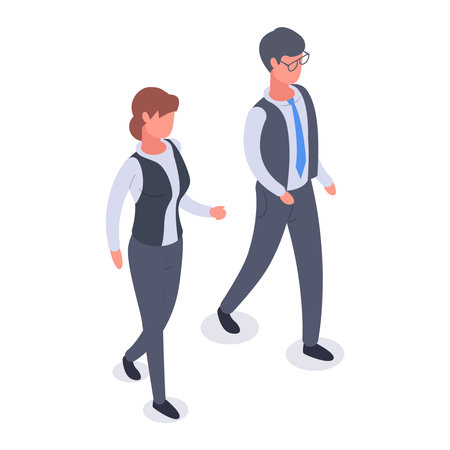 Isometric business people. Office workers conversation, walking successful employees wearing business suits 3d vector illustration isolated on white backgroundのイラスト素材