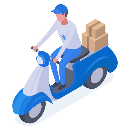 Isometric courier driving scooter. Delivery service worker receiving parcels flat vector illustration isolated on white backgroundのイラスト素材