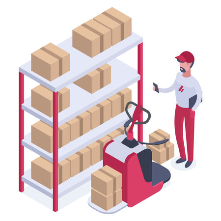Isometric warehouse worker. Delivery and shipping service worker with parcels and boxes, warehouse and logistics forklift 3d vector illustration on white backgroundのイラスト素材