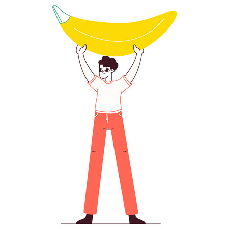 Tiny man carrying banana. Male character with vegetarian healthy food, guy holding huge yellow banana flat vector illustration on white backgroundのイラスト素材