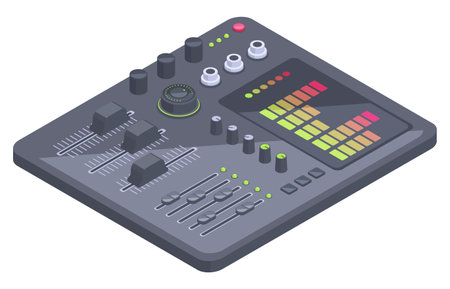 isometric control panel. Spaceship dashboard, 3d aircraft with sliders, controllers and buttons flat...