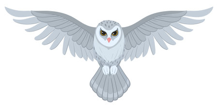 Cartoon snowy owl. White wildlife bird, flying wild predator bird flat vector illustration. Feathered snowy owlのイラスト素材