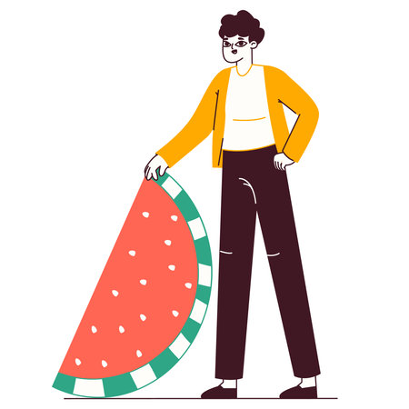 Tiny man with watermelon. Male character carrying sweet fruit slice, guy holding huge watermelon flat vector illustration on white backgroundのイラスト素材