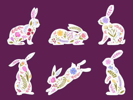 cartoon bunny silhouettes. Easter cute rabbits with spring flowers, decorated hare easter flat vector illustration set on white backgroundのイラスト素材