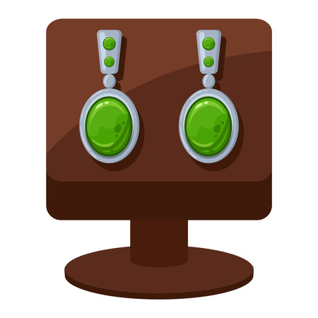 Cartoon jewelry holder. Jewelry shop precious golden accessory, green gemstone bijouterie earrings flat vector illustration on white backgroundのイラスト素材