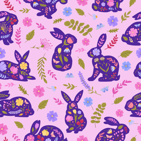 Cartoon rabbits seamless pattern. Funny easter bunny, spring eared hare animals, cute fur bunnies flat vector background illustrationのイラスト素材