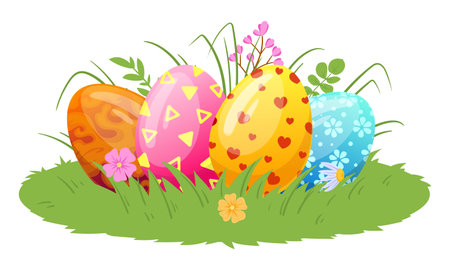 Cartoon easter eggs. Painted eggs on grass lawn, spring holiday colorful eggs flat vector illustration on white backgroundのイラスト素材