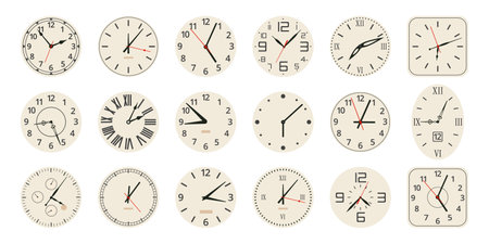 cartoon watch face. Analog vintage clocks, electronic and mechanical watch faces with numbers and...