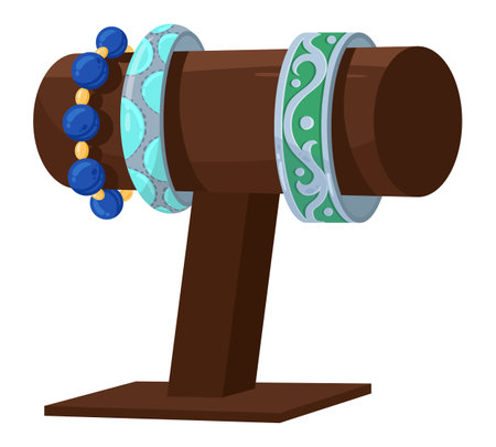Cartoon jewelry bracelet holder. Glamorous precious accessories, jewelry and bijouterie holder flat vector illustration on white backgroundのイラスト素材