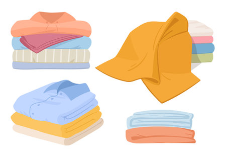 Cartoon clean clothes pile. Stacked laundry clothes, clean clothing. Laundry apparel isolated flat vector illustration setのイラスト素材