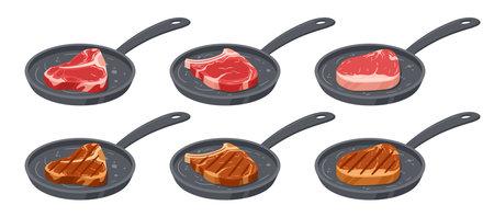 Raw and roasted meat steak on fried pan. Cartoon pork and beef steaks cooking process, roasted or grilled meat semi-finished products flat vector illustration setのイラスト素材