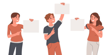 People pointing to empty banners. Male and female characters presenting, showing, pointing and introducing text or product vector illustration on white backgroundのイラスト素材
