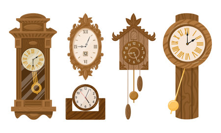 Cartoon vintage clock. Wooden watch, mechanical retro clocks, digital timepieces and quartz interior chronometers flat vector illustration set on white backgroundのイラスト素材