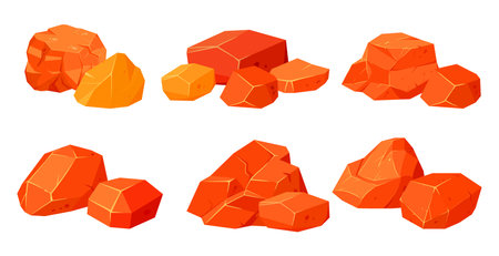 Cartoon burning coal. flaming smoking charcoal, glowing embers burning coals flat vector illustration set on white backgroundのイラスト素材