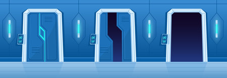 Cartoon spaceship futuristic gates. Closed and open alien cosmic ship doors, spacecraft control room gateway flat vector illustration set. Futuristic doorway animationのイラスト素材