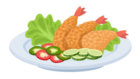 Cartoon tempura shrimps. Asian cuisine dish, Japanese and Korean traditional food, seafood plate flat vector illustration on white backgroundのイラスト素材