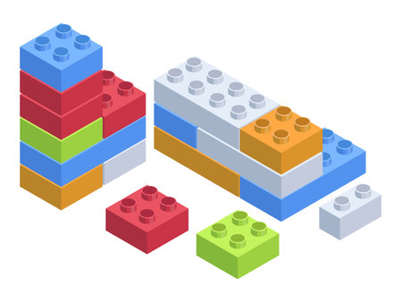 Isometric brick toys. Building 3d blocks, children lesure game, colorful bricks toy 3D vector illustration on white backgroundのイラスト素材