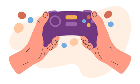 Human hands holding joystick. Cartoon video game device in human hands, gamepad device flat vector...