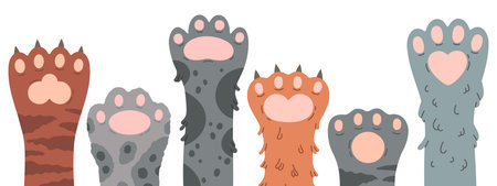 Cartoon cats cute paws. Kitty fluffy paws, fluffy domestic animals feets. Cat paws flat vector background illustrationのイラスト素材