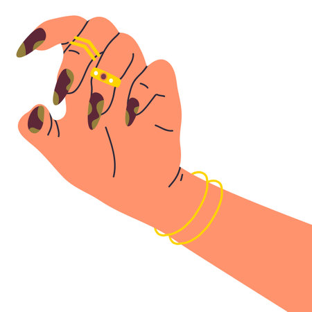 Woman hand with nail design. Cartoon female hand with golden jewelry, manicure salon nail care routine flat vector illustrationのイラスト素材