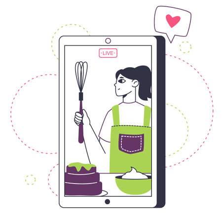 food blogger. Vlogger cooking online, cooking class live streaming, internet content, photo and video creator flat vector illustrationのイラスト素材