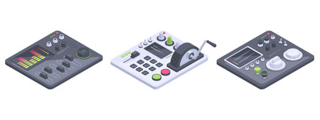 isometric control panels. Spaceship dashboards, aircraft panel with controllers, buttons and sliders 3d vector illustrationのイラスト素材