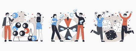 Casino lucky players. Gambling, money prize winning, bingo and poker card game happy players, people win casino game flat vector illustration setのイラスト素材