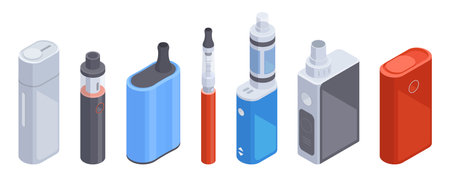 Isometric e-cigarette and vape pen. Digital electronic cigarette, vape smoke accessories 3d vector illustration set. Vape pan and box collectionのイラスト素材