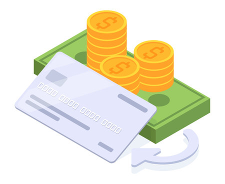 Isometric cash depositing to card. Money stack, cash dollars banknote and gold coins cash depositing into bank account 3d vector illustration isolated on white backgroundのイラスト素材