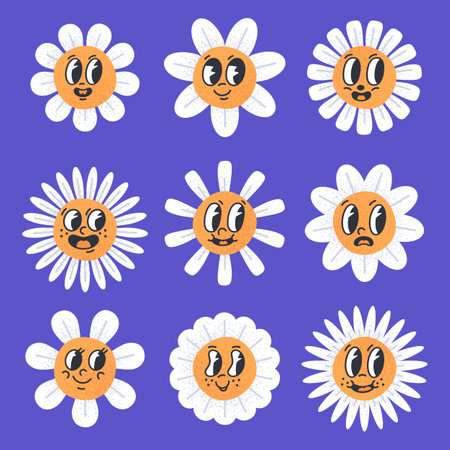 Cartoon chamomile flowers. Retro comic book daisy emojis with eyes and mouths. Blooming daisy flowers with funny faces flat vector illustration setのイラスト素材