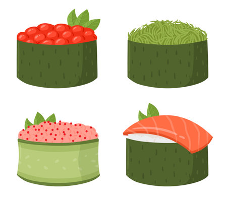 Cartoon japanese seafood sushi. Asian dish, sushi with fish, caviar and sea kale, traditional Japanese cuisine flat vector illustration setのイラスト素材