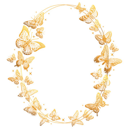 golden butterflies frame border. Gold butterfly wreath, shiny butterfly wedding circle decoration flat cartoon vector background illustrationのイラスト素材