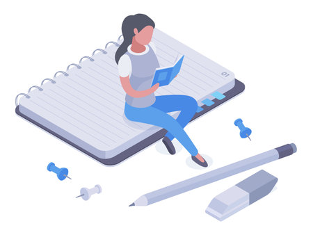 Isometric woman reading book. Female student studying, exam preparation, tiny girl reading on huge notebook, college library 3d vector illustrationのイラスト素材