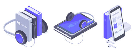 Isometric audiobook concept. Online mobile library books with headphones, reading and e-learning 3d flat vector illustration setのイラスト素材